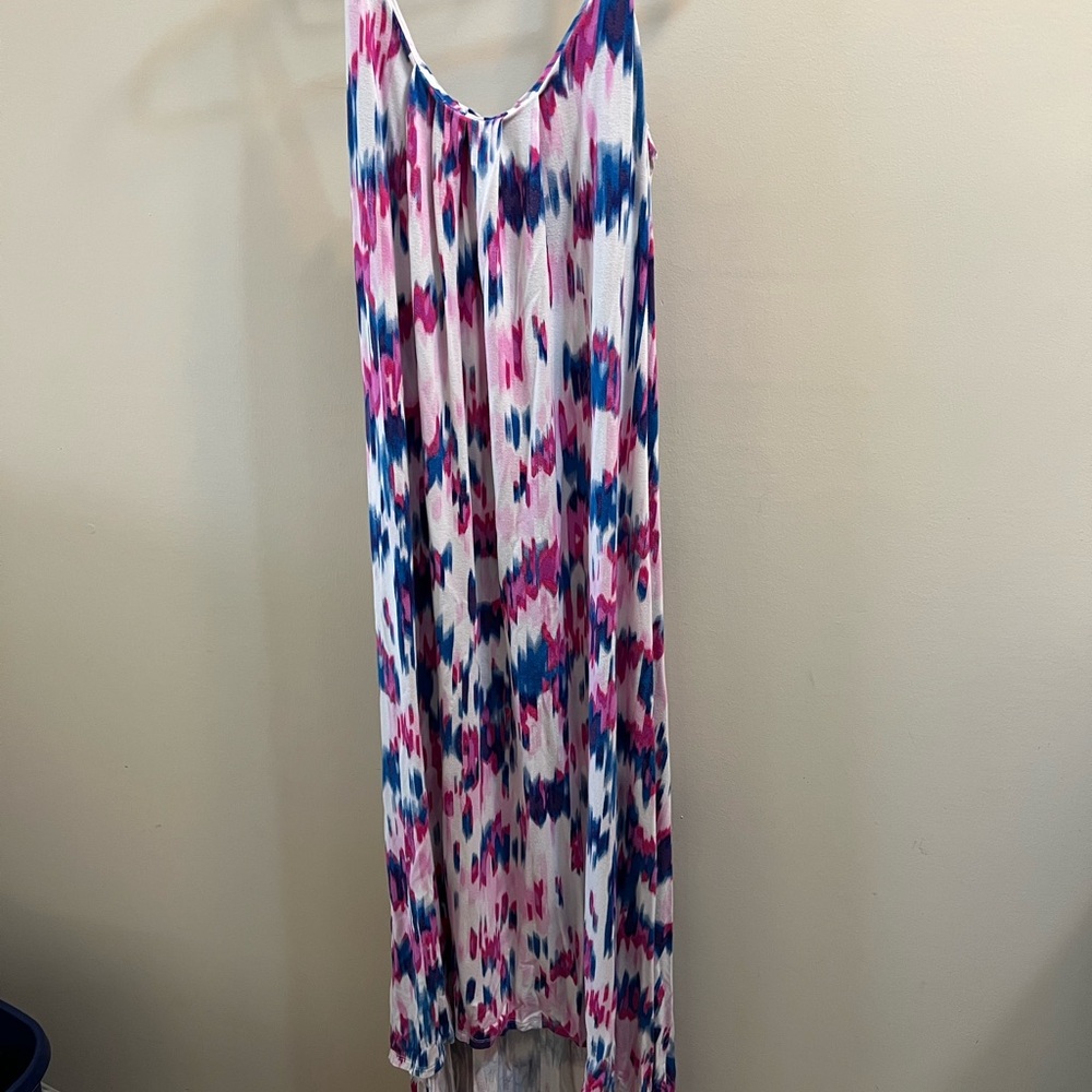 Cynthia Rowley White Maxi Dress with Pink & Blue Watercolor Print Size L